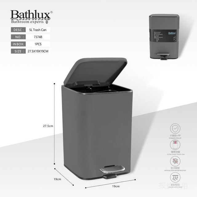 Bathlux 5 litre square pedal bin in grey with lid open