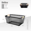 Bathlux metal mesh storage basket with wooden handles in black