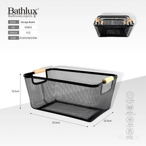 Bathlux metal mesh storage basket with wooden handles in black