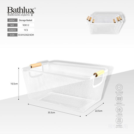 Bathlux metal mesh storage basket with wooden handles in white