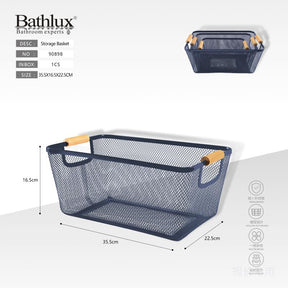Bathlux metal mesh storage basket with wooden handles in navy