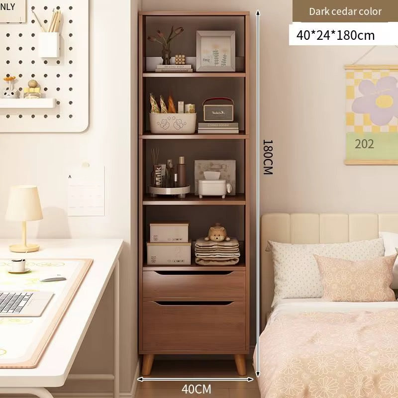 Tall Wooden Bookshelf with 2 Drawers 180cm Dark Cedar | Narrow Bookcase Storage Shelf