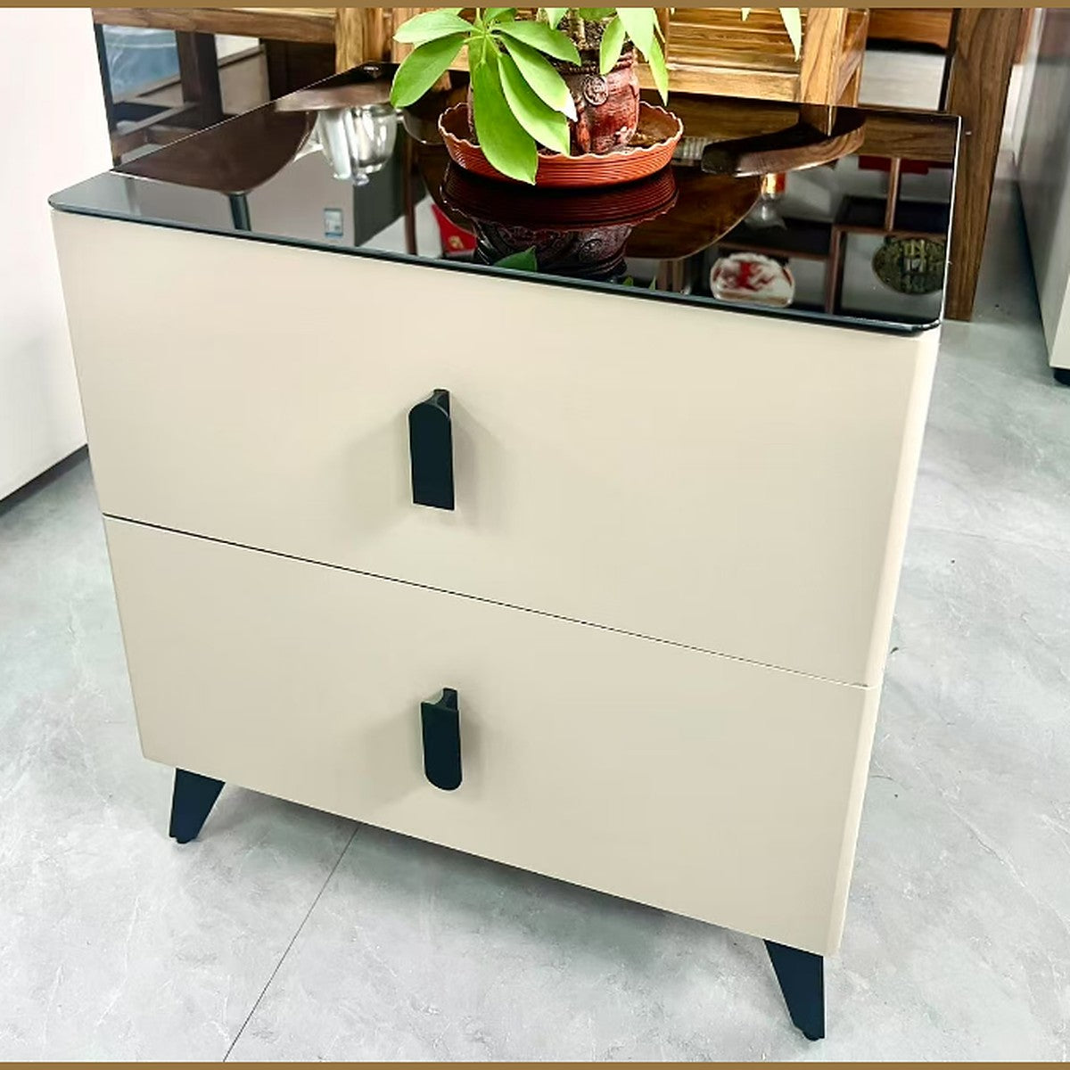 Bedside Table 2 Drawer Cream with Black Glass Top 48x40x50cm