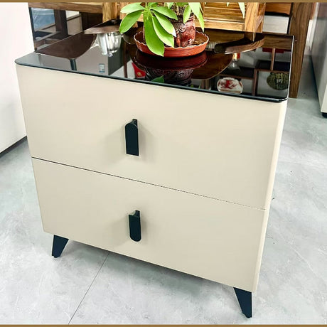 Bedside Table 2 Drawer Cream with Black Glass Top 48x40x50cm