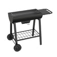 Charcoal BBQ grill cart with chrome grid, side shelf, bottom rack and wheels
