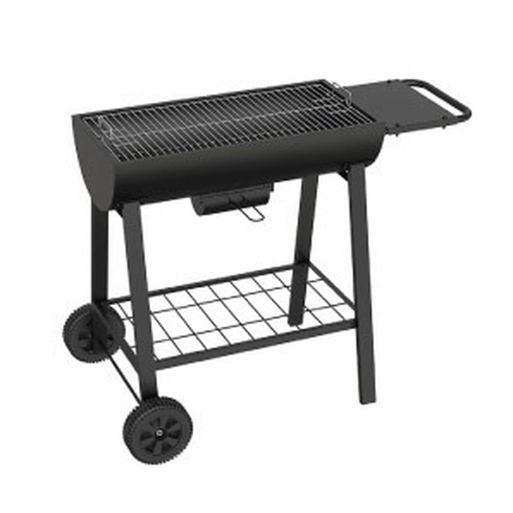 Charcoal BBQ grill cart with chrome grid, side shelf, bottom rack and wheels