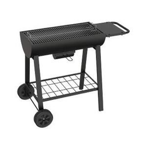 Charcoal BBQ grill cart with chrome grid, side shelf, bottom rack and wheels