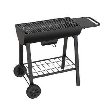Charcoal BBQ grill cart with chrome grid, side shelf, bottom rack and wheels