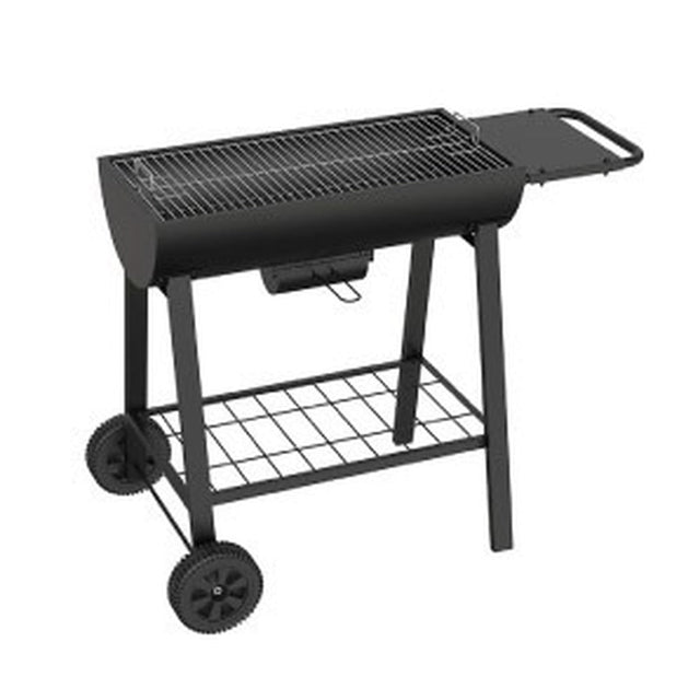 Charcoal BBQ grill cart with chrome grid, side shelf, bottom rack and wheels