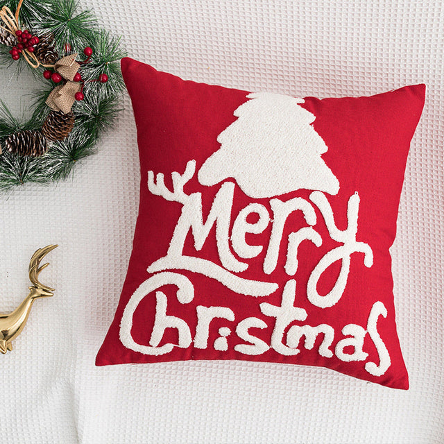 Christmas cushion cover 45x45cm, red canvas with embroidered Merry Christmas lettering and tree