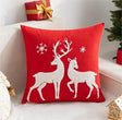Christmas cushion cover 45x45cm, red canvas with embroidered reindeer pair and snowflakes