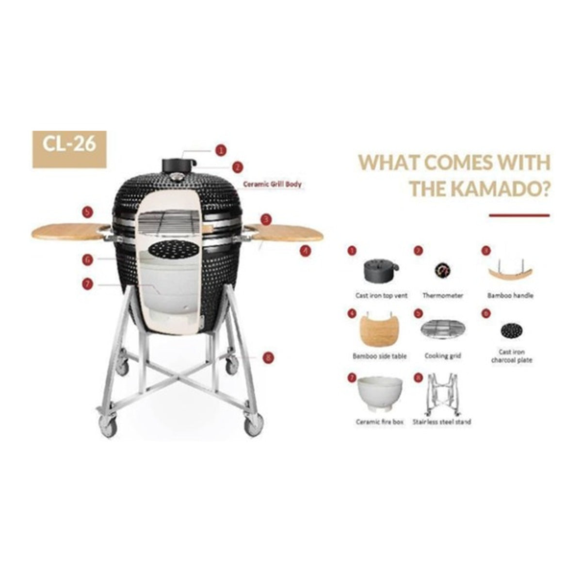 24 Inch Kamado Ceramic Charcoal BBQ Grill & Smoker with Side Tables and Cart (TB-24)