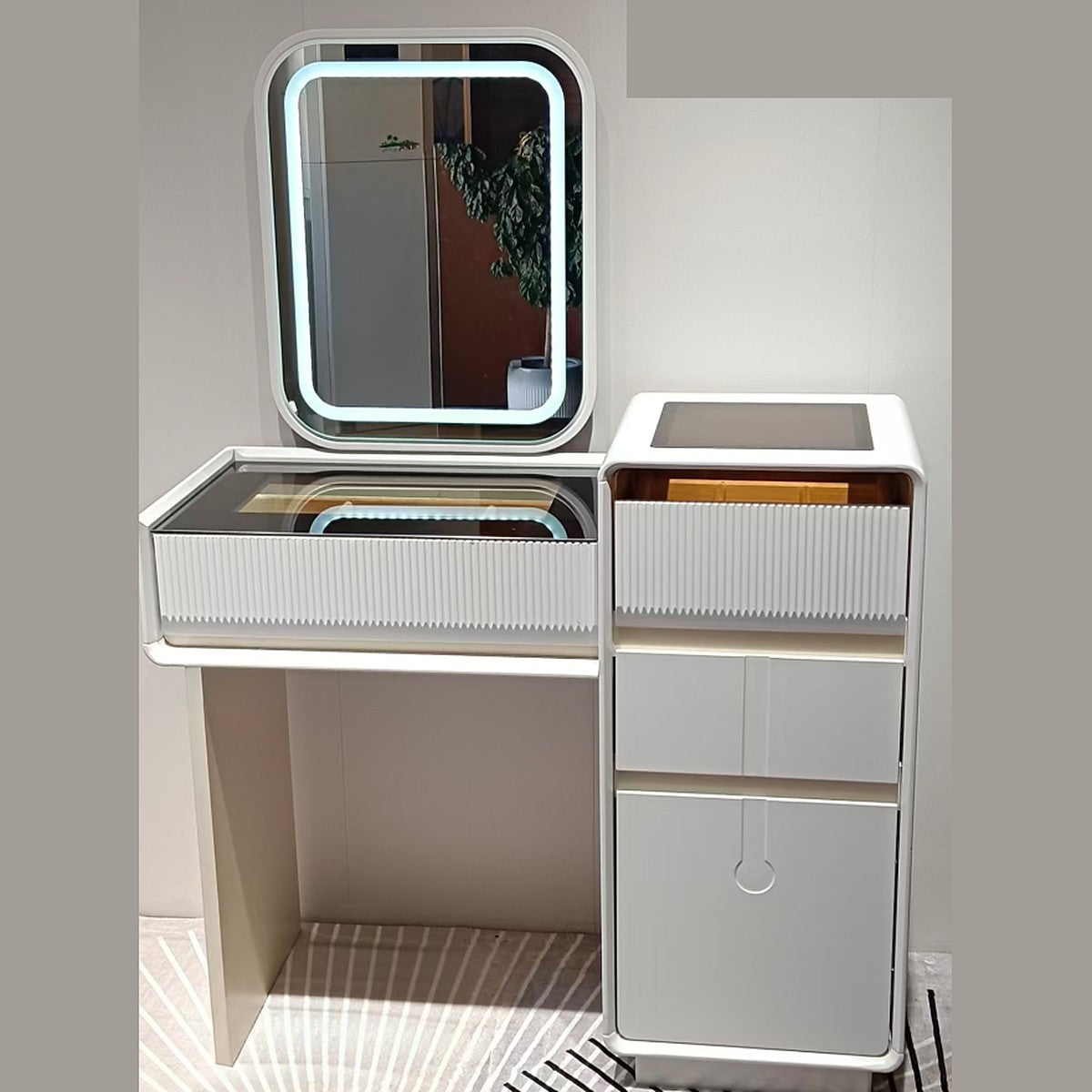 Compact Dressing Table Cream with Square LED Mirror and Fluted Cabinet