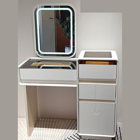Compact Dressing Table Cream with Square LED Mirror and Fluted Cabinet