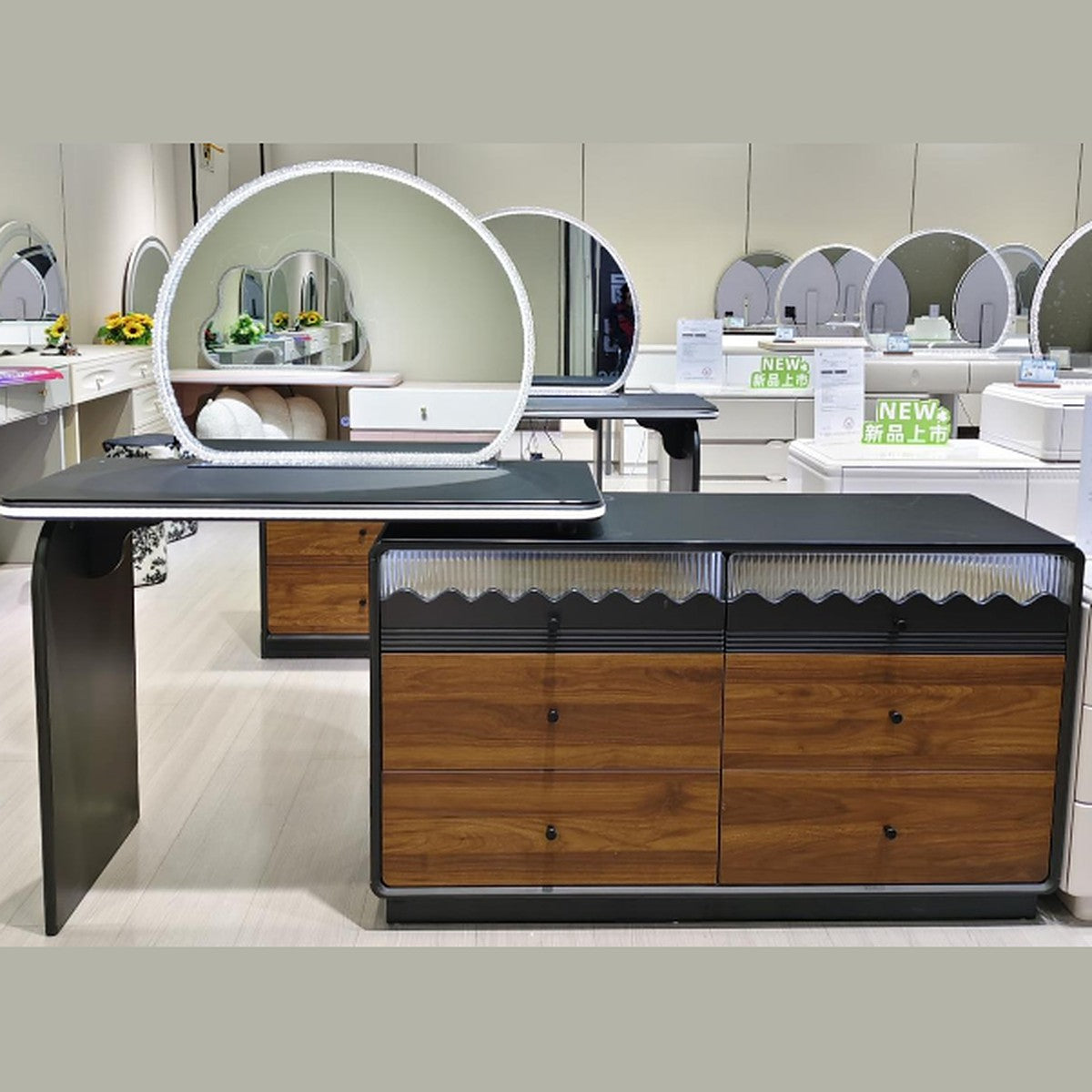 Extending Dressing Table Walnut and Black with Arch LED Mirror and Amber Glass Trim, 6 Drawer