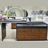 Extending Dressing Table Walnut and Black with Arch LED Mirror and Amber Glass Trim, 6 Drawer