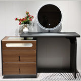 Extending Dressing Table Walnut and Black with Round LED Mirror, 3 Drawer