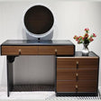 Extending Dressing Table Walnut and Black with Round LED Mirror and Slatted Drawers