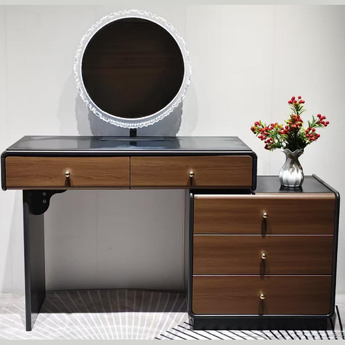 Extending Dressing Table Walnut and Black with Round LED Mirror and Slatted Drawers