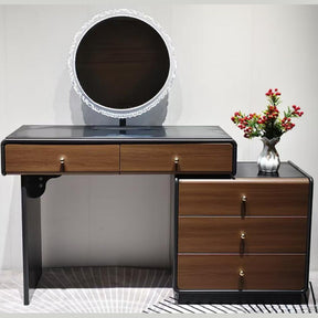 Extending Dressing Table Walnut and Black with Round LED Mirror and Slatted Drawers