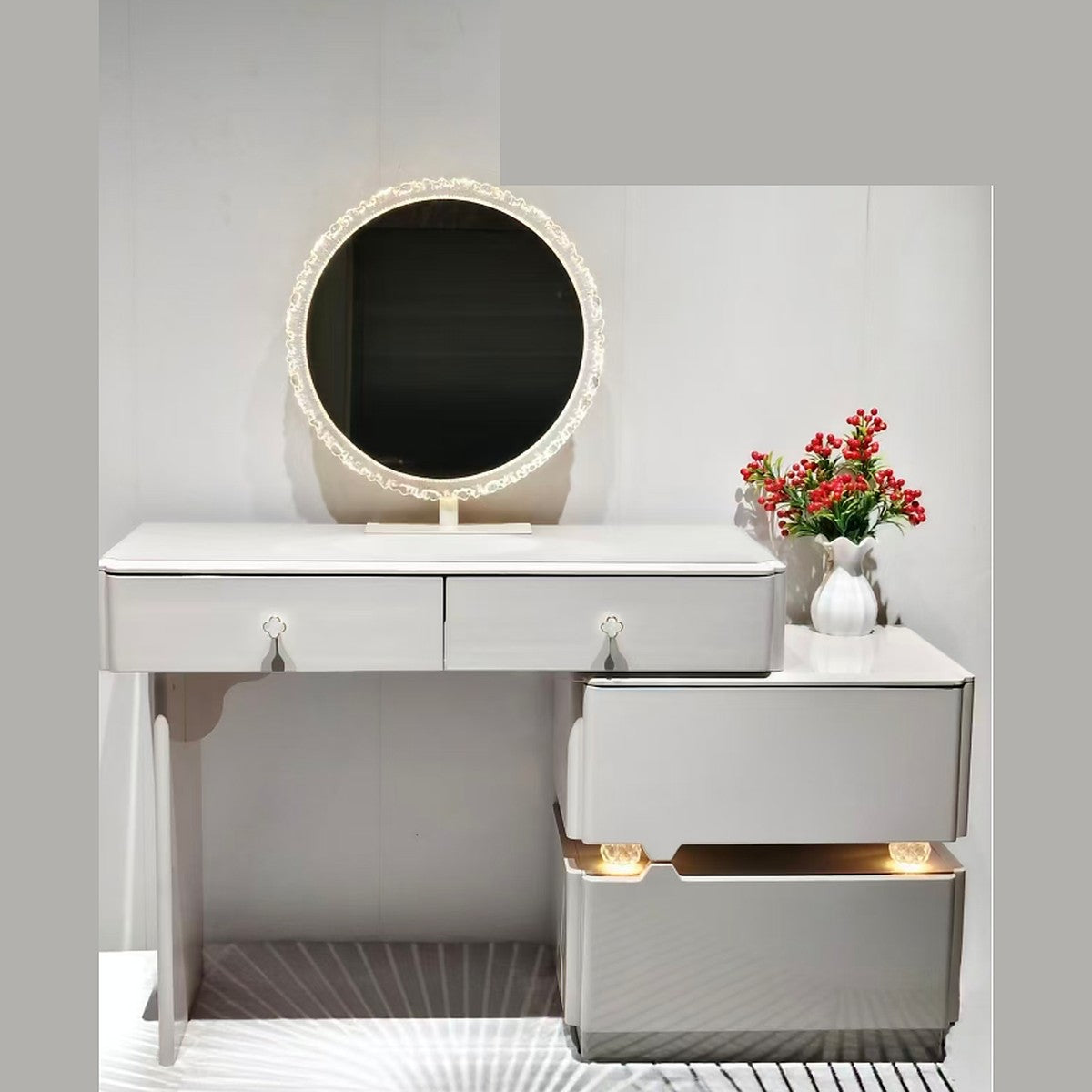 Dressing Table Light Grey with Round LED Mirror and Lit Drawers, 3 Drawer