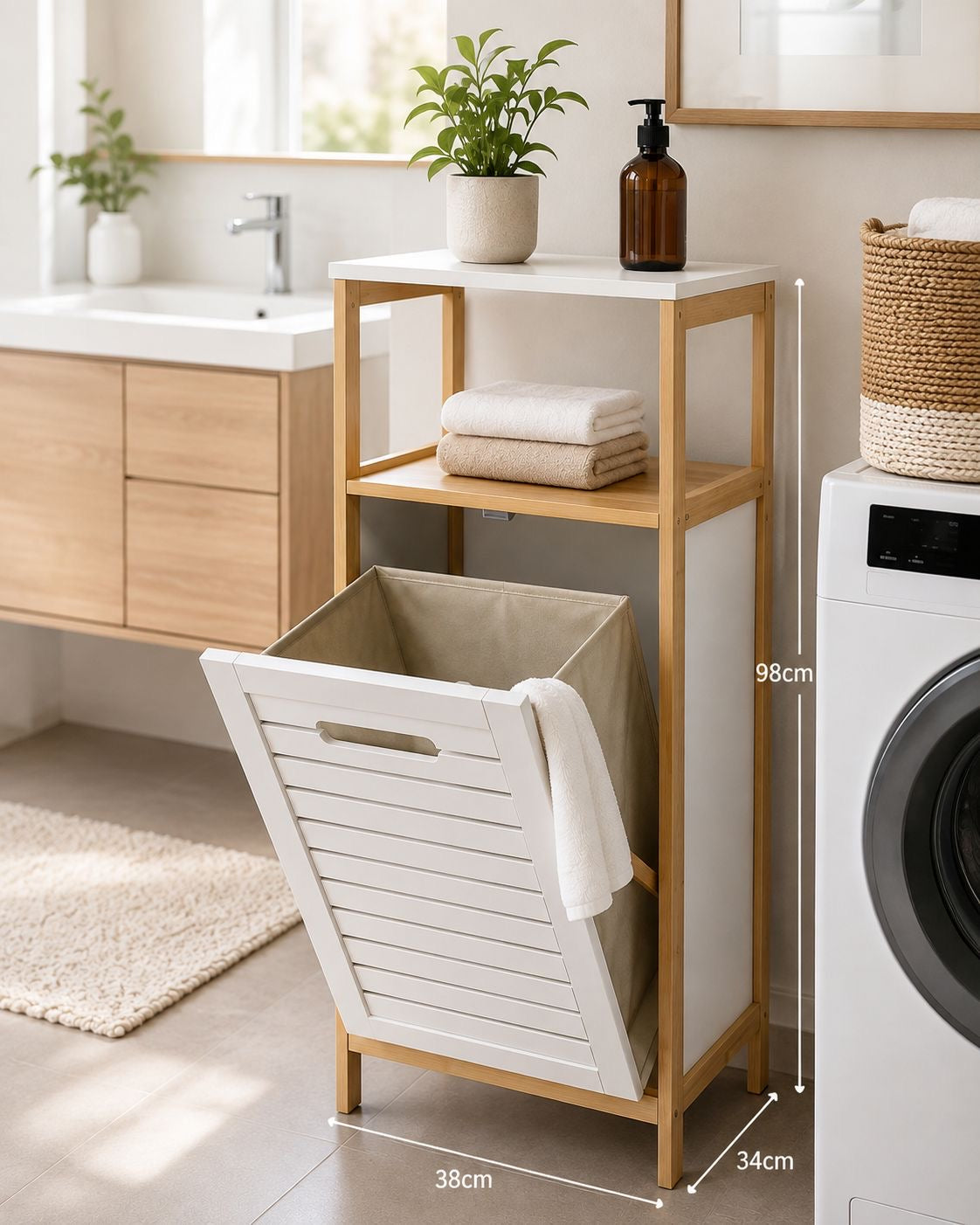 Bathlux Bathroom Storage Cabinet with Tilt-Out Laundry Hamper, White Bamboo & MDF, 98cm