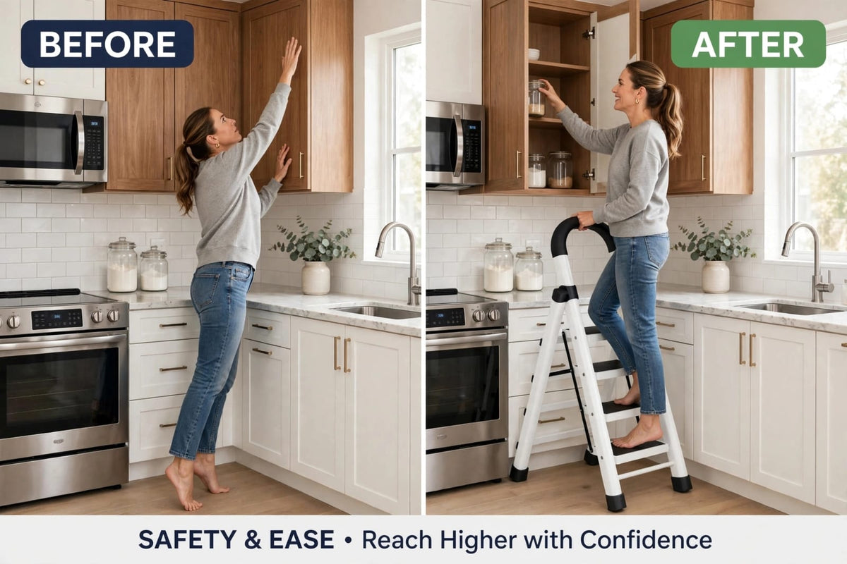 4-Step Folding Ladder with Safety Handle, Anti-Slip Steel Step Ladder 120cm, Black or White