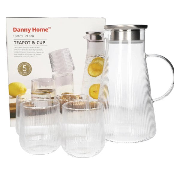Danny Home 5-Piece Glass Juice Jar & Glasses Set - Borosilicate Pitcher with 2-Way Pour Lid