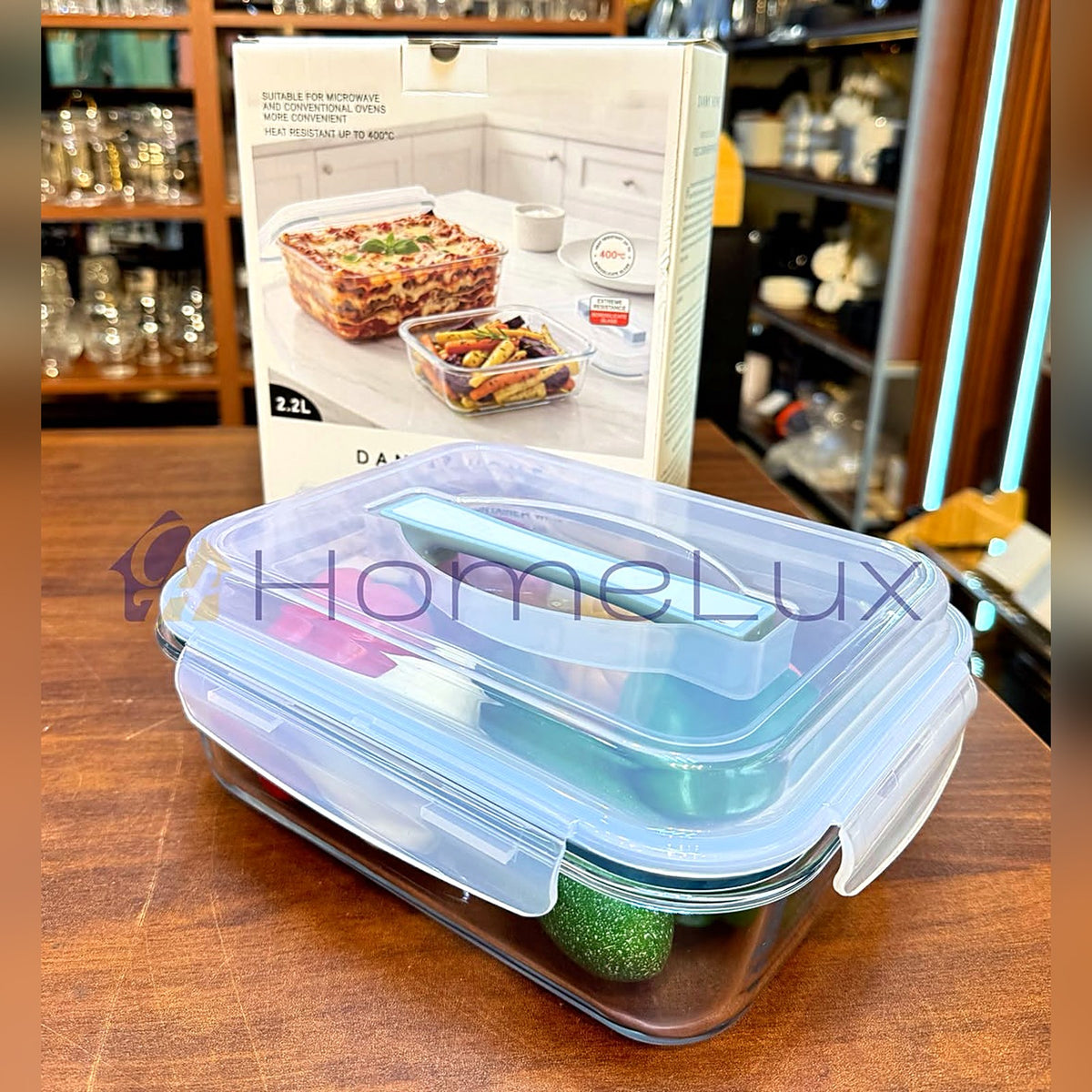 Danny Home 2.2L glass food container with clip lock lid and carry handle