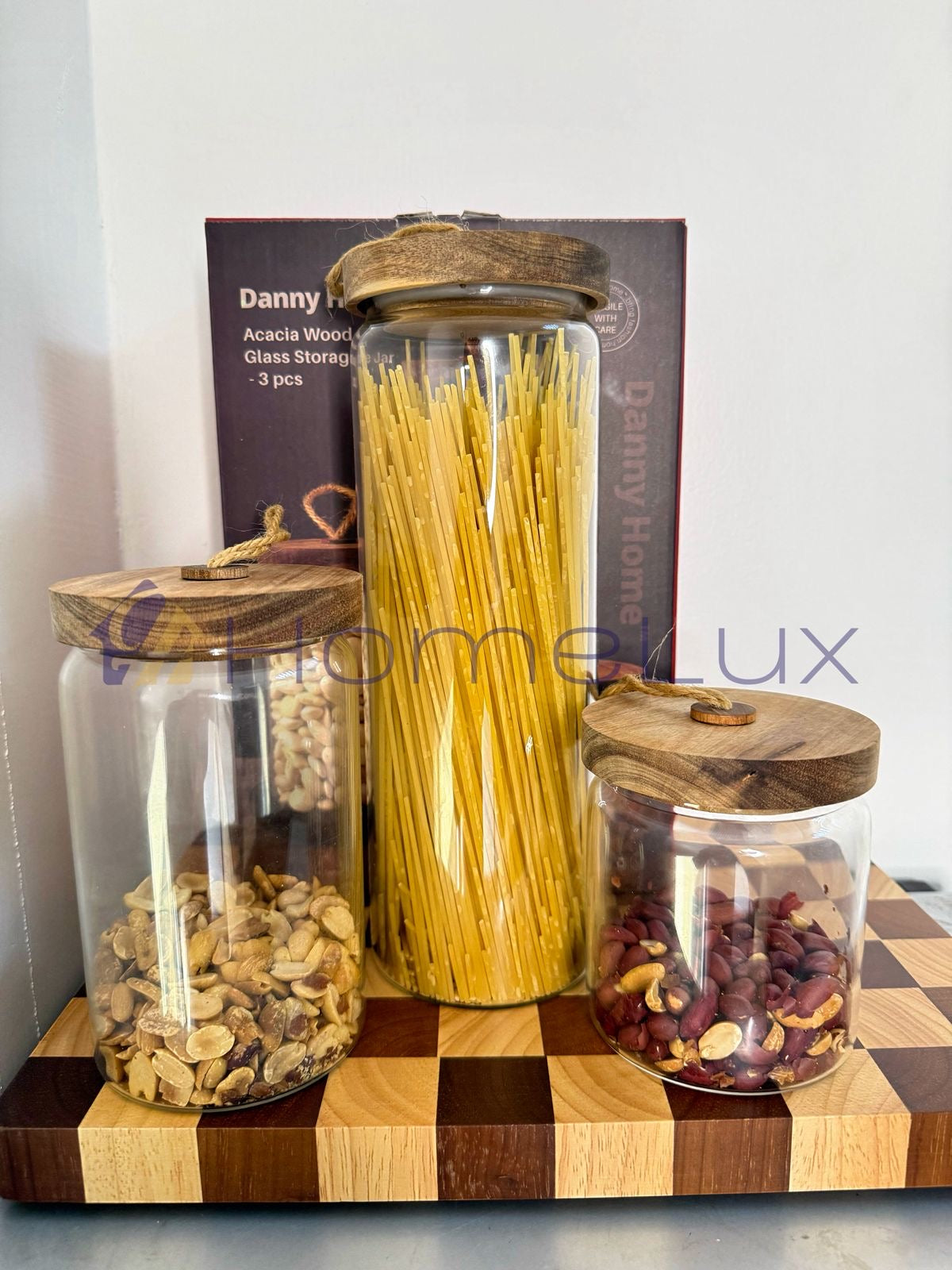 Danny Home Glass Cereal Storage Jars with Acacia Wood Lid 3pcs | Airtight Pantry Canisters Set