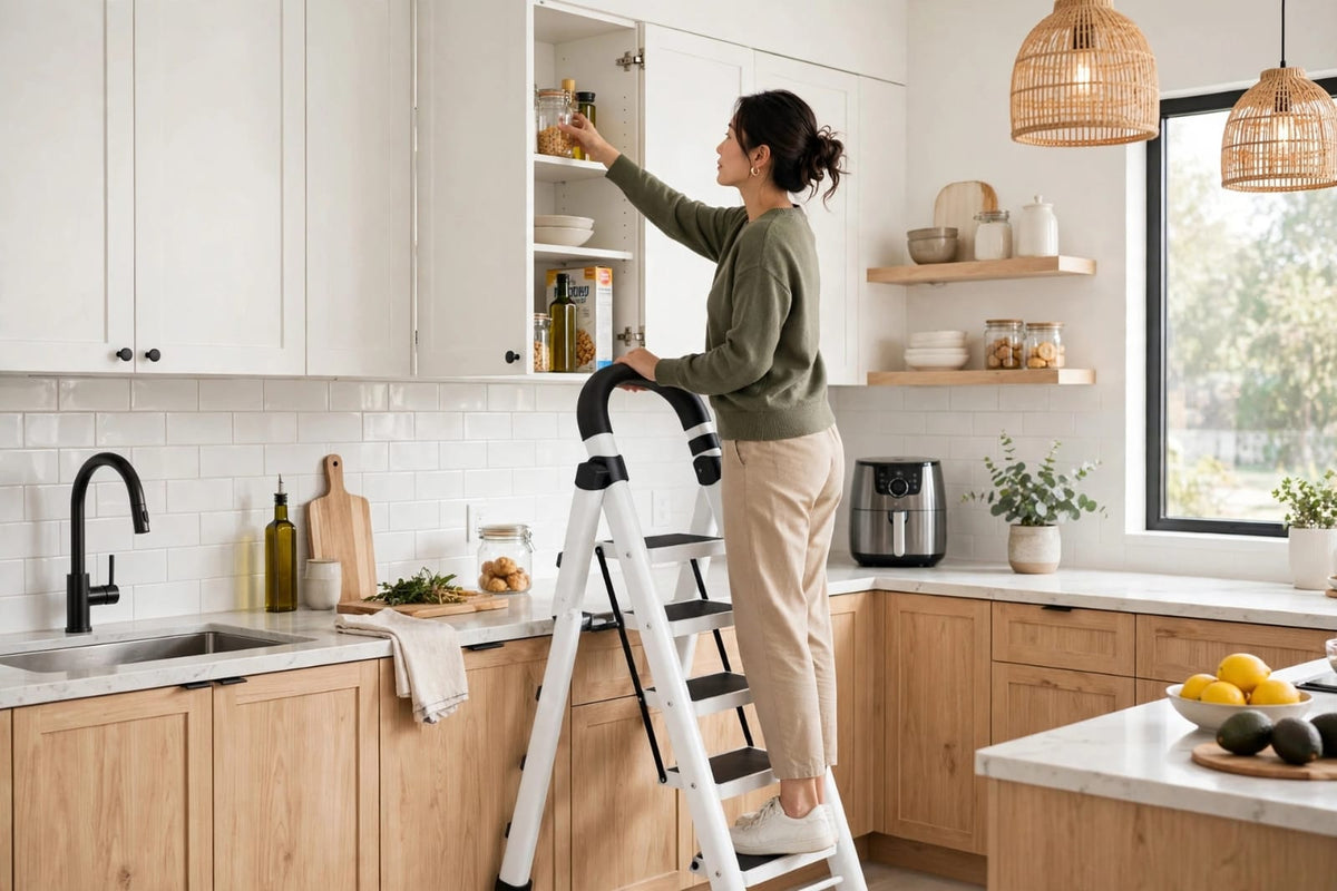 4-Step Folding Ladder with Safety Handle, Anti-Slip Steel Step Ladder 120cm, Black or White