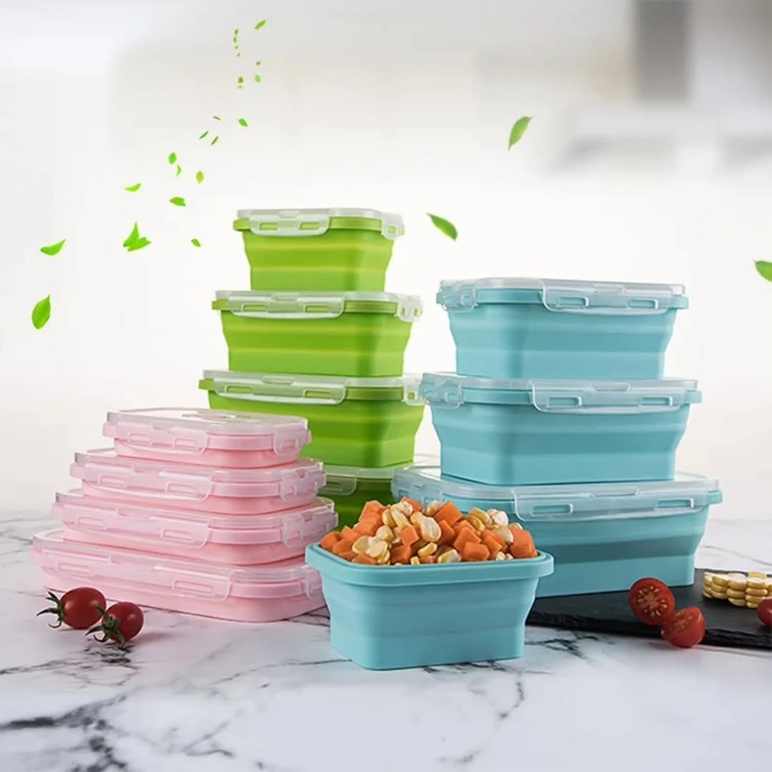 Travel Food Set: 4 Piece Collapsible Silicone Containers and 2 Compartment Insulated Bag