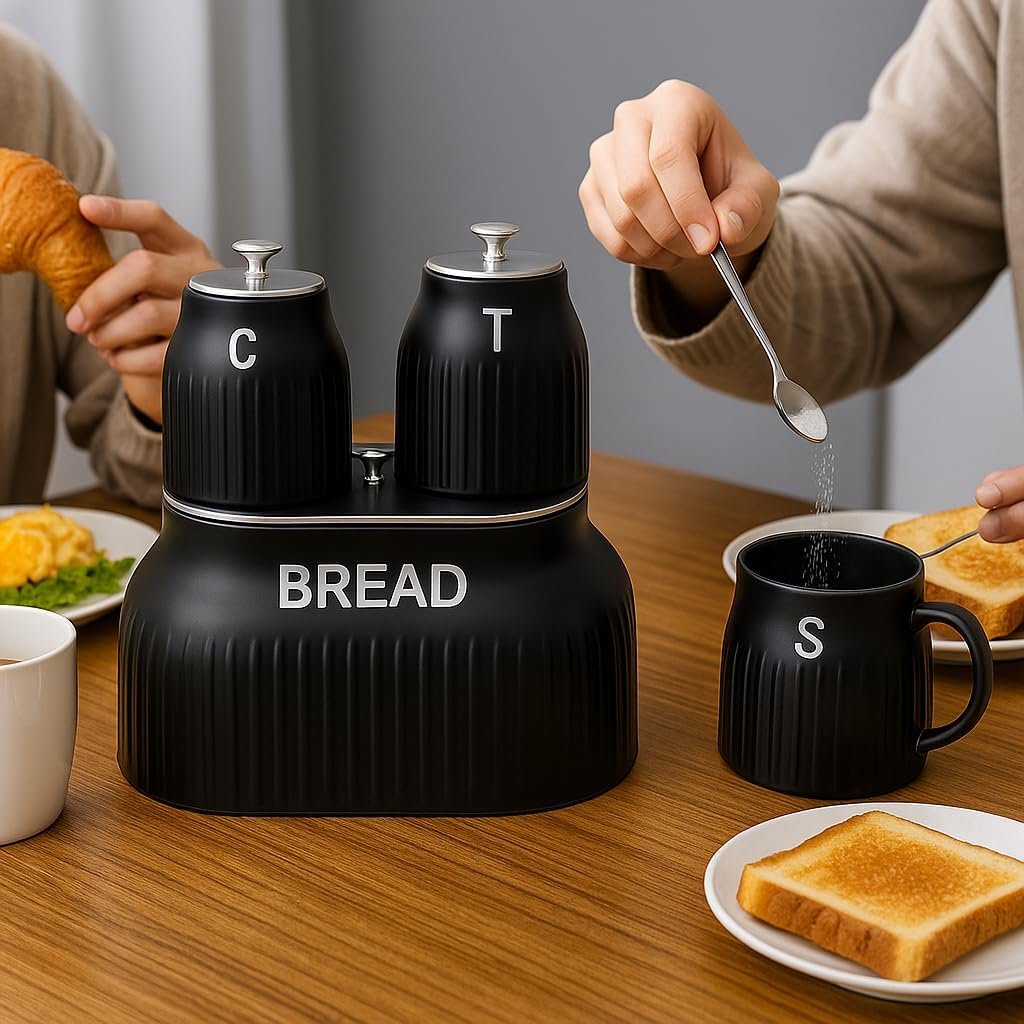 Bread Bin & 3 Canister Set – Labelled Tea, Coffee & Sugar