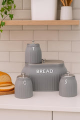 Bread Bin & 3 Canister Set – Labelled Tea, Coffee & Sugar