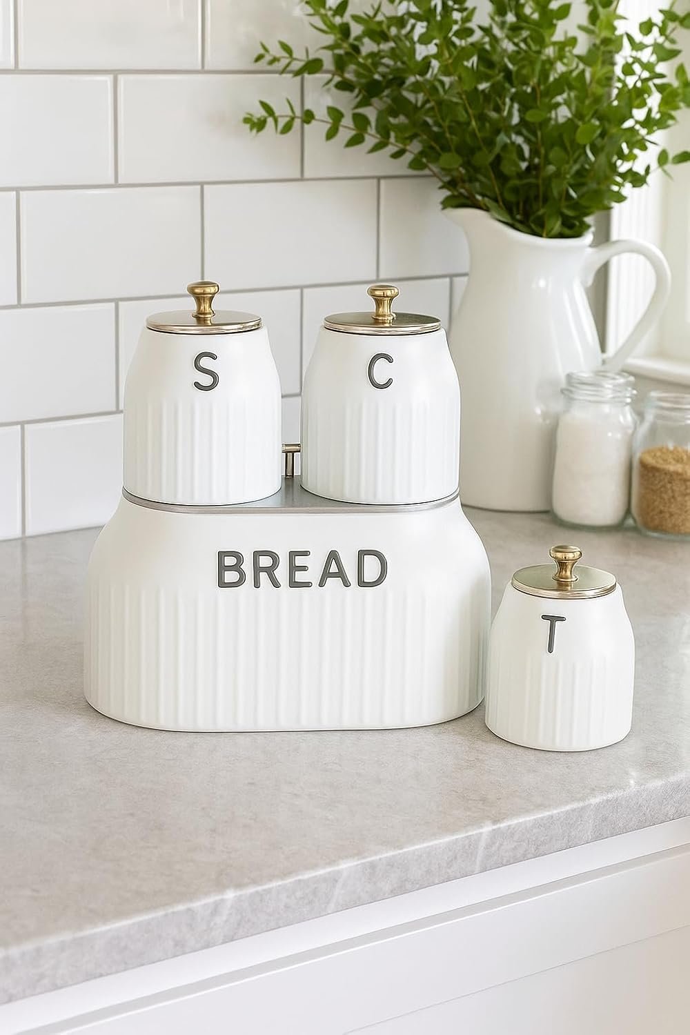 Bread Bin & 3 Canister Set – Labelled Tea, Coffee & Sugar