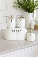 Bread Bin & 3 Canister Set – Labelled Tea, Coffee & Sugar