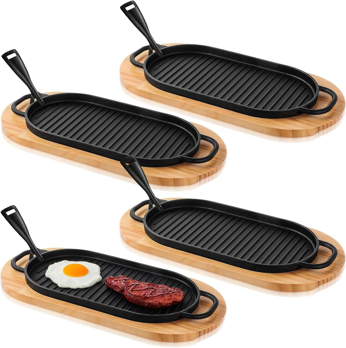 Cast Iron Sizzling Plate Fajita Skillet Bbq & Steak Pan – Wooden Base 29x17cm