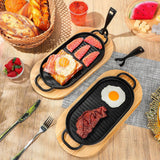 Cast Iron Sizzling Plate Fajita Skillet Bbq & Steak Pan – Wooden Base 29x17cm