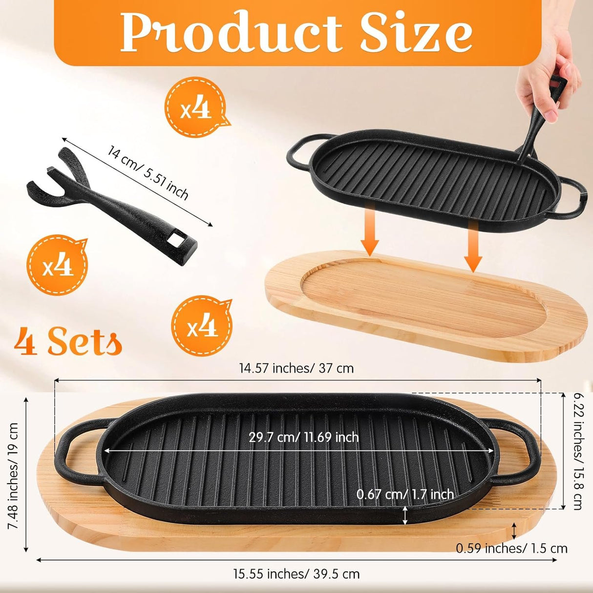 Cast Iron Sizzling Plate Fajita Skillet Bbq & Steak Pan – Wooden Base 29x17cm