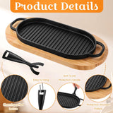 Cast Iron Sizzling Plate Fajita Skillet Bbq & Steak Pan – Wooden Base 29x17cm