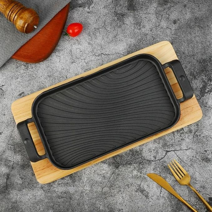 Cast Iron Sizzling plate Grill Pan & Steak Plate –Wooden Base