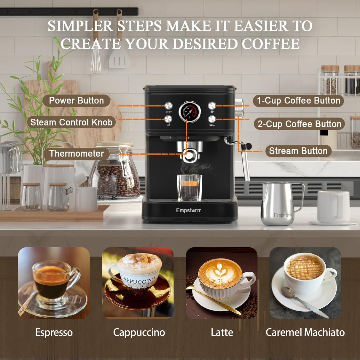 Empstorm® Espresso Machine 20 Bar EM-04E | Semi-Automatic Coffee Maker with Milk Frother