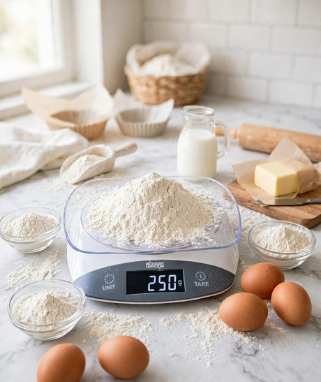 DSP digital kitchen scale 3kg with clear tray weighing 250g of flour for baking