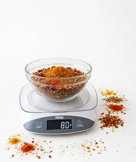 DSP digital kitchen scale 3kg weighing a glass bowl of spices, tare set to 80g