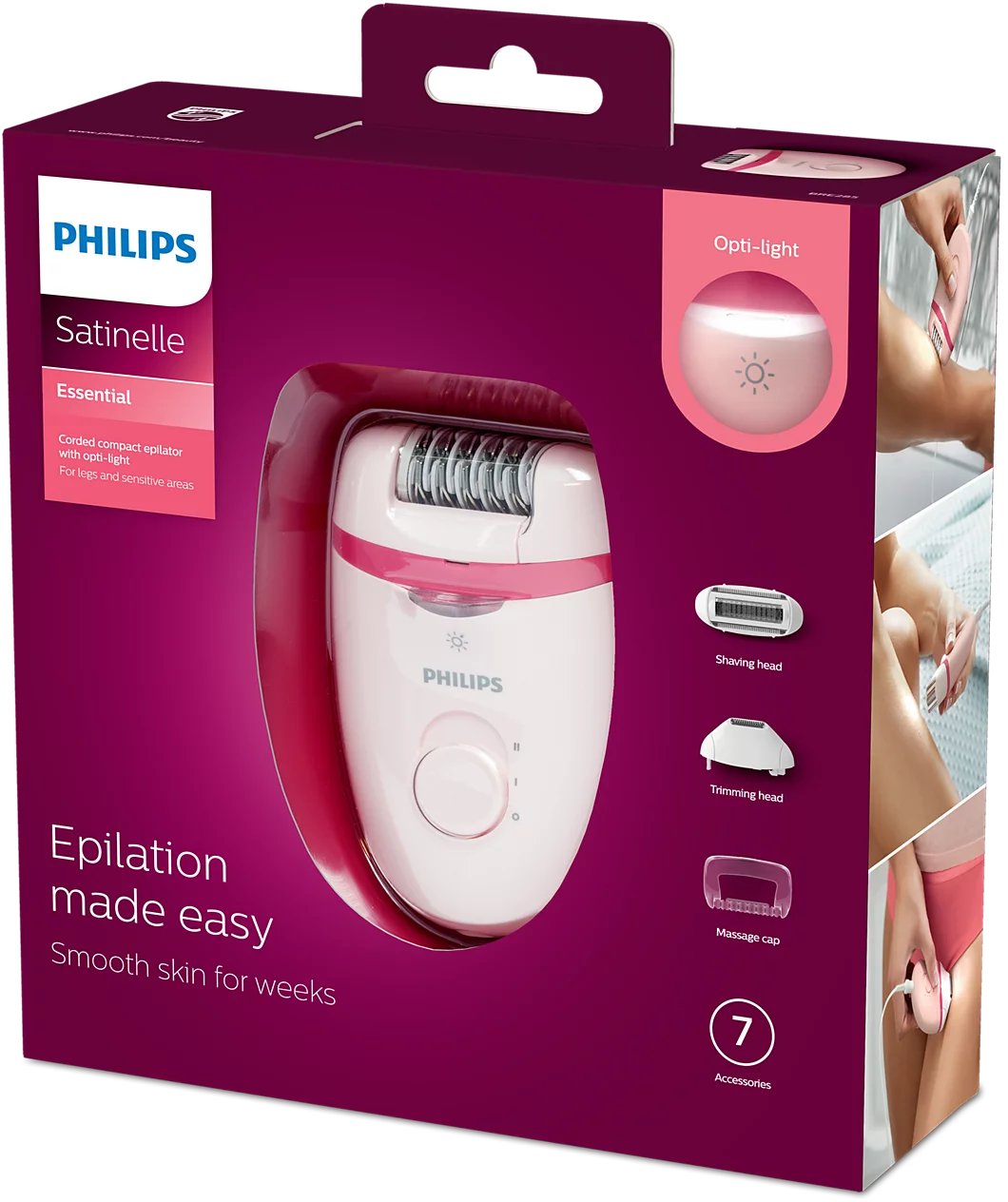 Philips Satinelle Epilator with Opti-Light & 7 Accessories - For Legs & Sensitive Areas, Root Removal as Short as 0.5mm