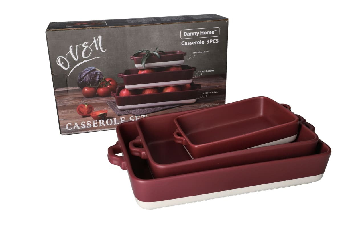 Danny Home Rectangular Ceramic Casserole Set 3pcs | Oven & Microwave Safe Bakeware