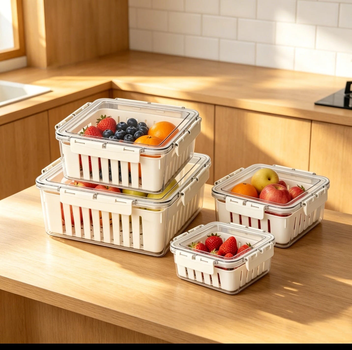 3pc Fridge Storage Containers with Drain Basket – Airtight Stackable Produce Keeper Set 800ml, 2.2L & 4.3L Kenya