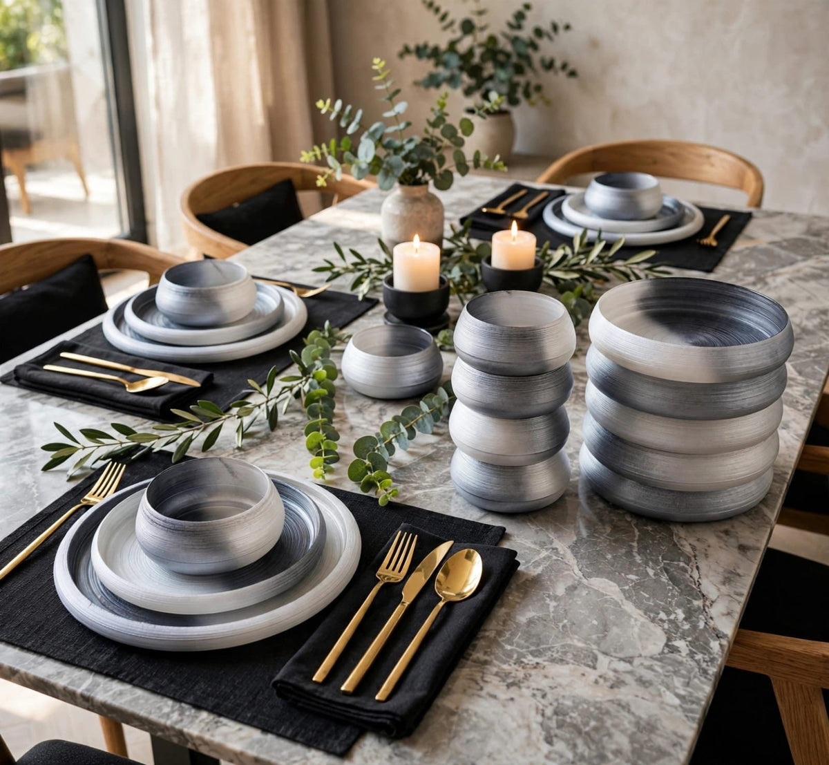 Swirl Glass Dinner Set 18 Piece for 6, Frosted Ombre Spiral Finish, Champagne Gold or Grey, Dinner Plates, Pasta Bowls and Soup Bowls