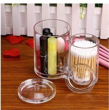 2-in-1 Acrylic Round Cotton Swab Holder & Makeup Brush Holder, Clear Acrylic Organiser with Lid for Bathroom, Vanity & Dressing Table