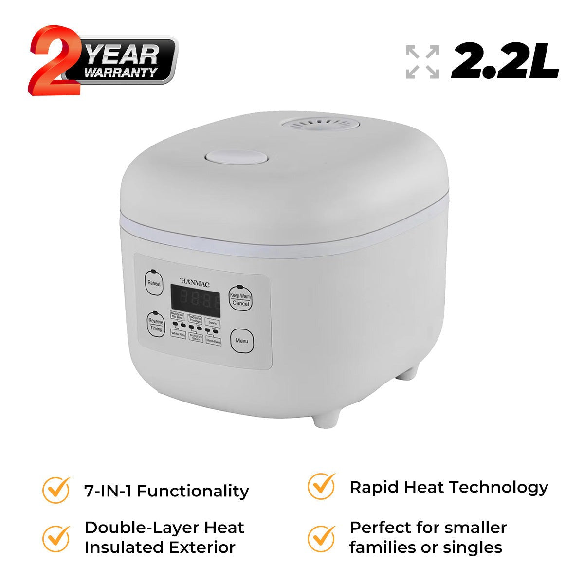 Hanmac 2.2L 7-in-1 Multi Cooker Rice Cooker – 700W, Rapid Heating, Non-Stick Bowl, Delay Timer & 2-Year Warranty